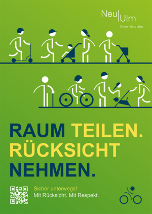 Plakat "Raum teilen. Rücksicht nehmen" mit Grafik: Fußgänger und Radler auf einem gemeinsam Geh- und Radweg 