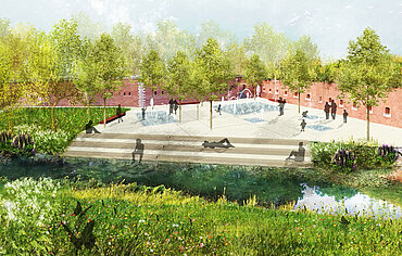 Grafischer Entwurf des geplanten eugestalteten Bereichs im Glacis-Park mit Wasserbecken, Wasserfontänden und Sitzstufen am Forellenbächle, im Hintergrund die Festungsmauern der Glacis-Anlage