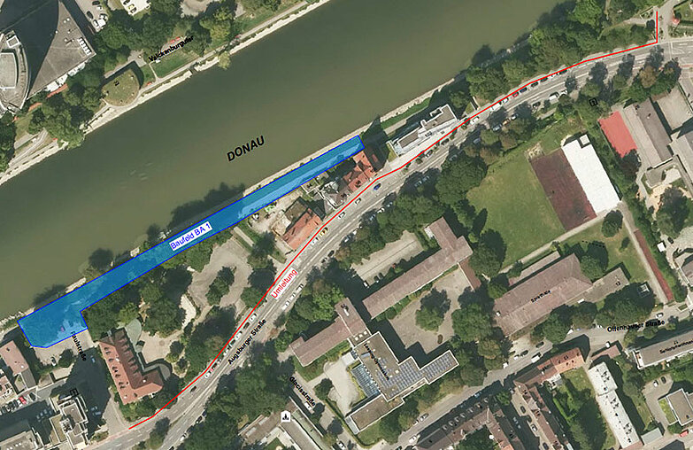Luftbild mit eingezeichnetem Baufeld am Donauuferweg und der Umleitung entlang der Augsburger Straße