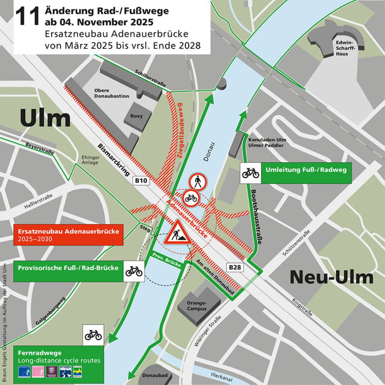 Änderung Rad- und Fußwege ab dem 4. November 2025 Baustellenplan: Änderung der Rad- und Fußwege im Baustellenbereich der Adenauerbrücke ab dem 4. November 2025