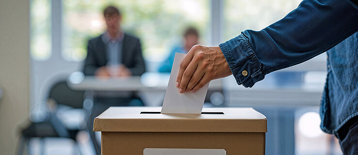 Eine Person wirft einen Stimmzettel in eine Wahlurne.