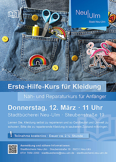 Plakat "Erste-Hilfe-Kurs für Kleidung" am 12. März in der Stadtbücherei