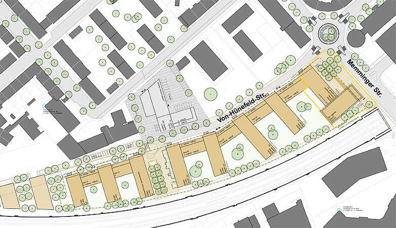 Städtebaulicher Entwurf/Lageplan der "Grünen Höfe" (mit eingezeichneten Gebäuden, Straßen und Grünflächen) westlich der Memminger Straße in Neu-Ulm