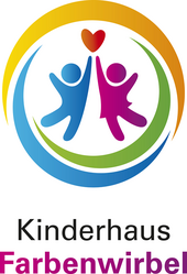Logo Kinderhaus Farbenwirbel: Zwei Figuren, umgeben von einem bunten Wirbel, über ihnen ein rotes Herz