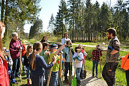 Kinder, Jugendliche und Erwachsene pflanzen gemeinsam unter Anleitung eines Försters Bäume im Widenmannwald