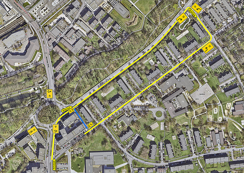 Luftbild mit eingezeichneter Umleitung über Allgäuer Straße und Bradleystraße