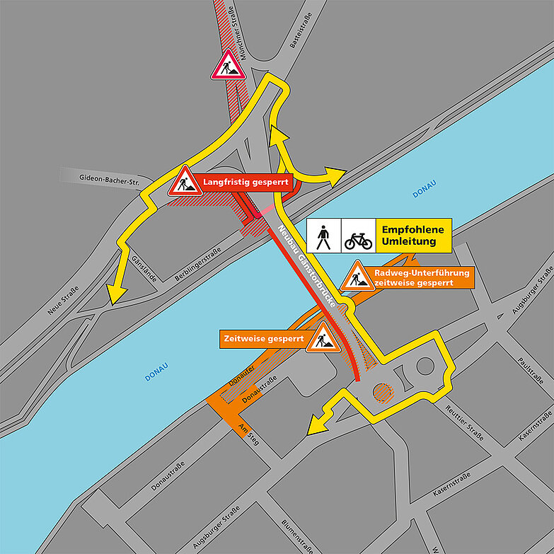 Karte im Bereich der Gänstorbrücke mit eingezeichneten Sperrungen und Umleitungen für Fußgänger und Radfahrer
