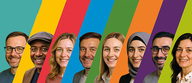 Banner mit Abbildung mehrerer Personen mit unterschiedlicher Nationalität vor bunten Hintergründen