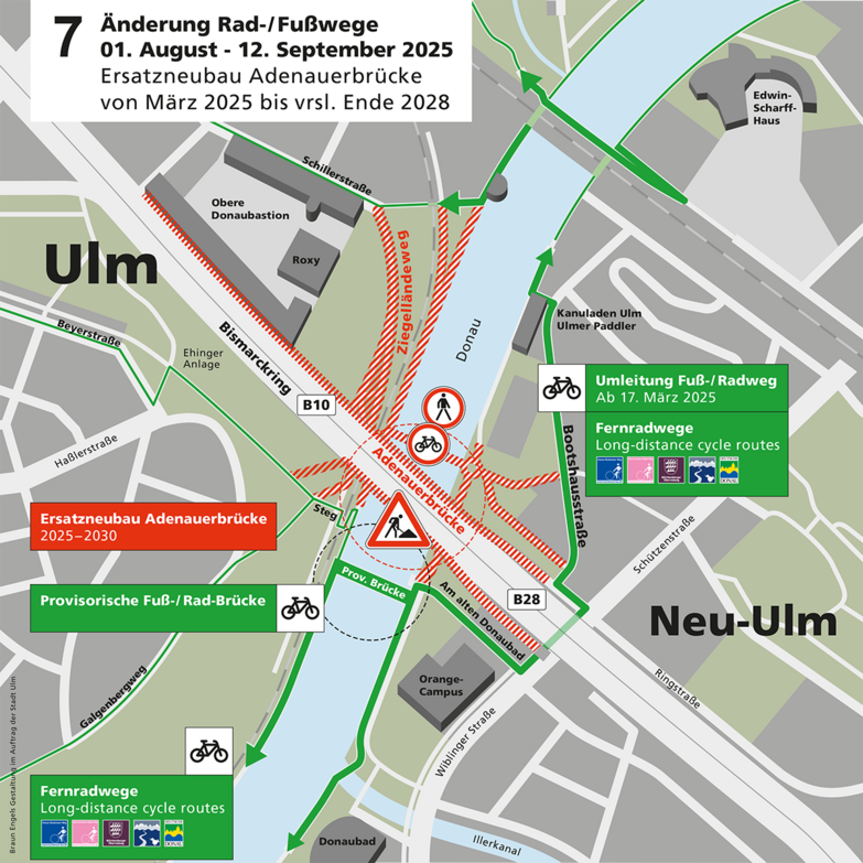 Änderung Rad-/Fußverkehr 1. August bis 12. September 2025 im Bereich der Adenauerbrücke Baustellenplan Änderung der Rad- und Fußwege im Baustellenbereich der Adenauerbrücke im Zeitraum 01.08.-12.09.2025