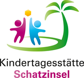 Stilisiertes Logo Kindertagesstätte Schatzinsel: Zwei Figuren auf einer Insel mit einer Palme