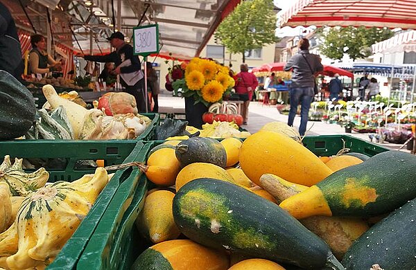 Wochenmarkt-Stand mit Kürbissen