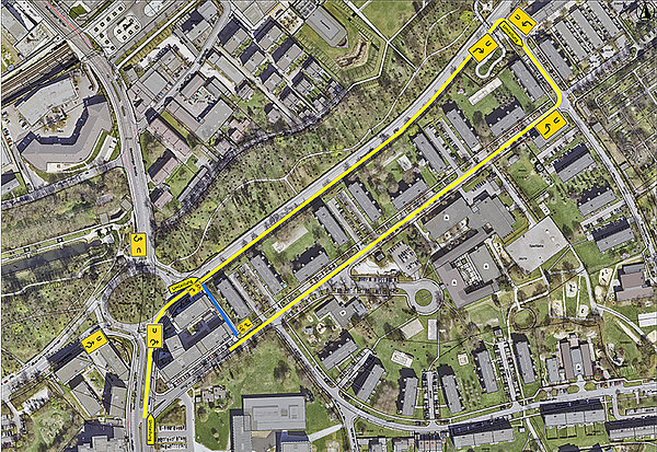 Luftbild mit eingezeichneter Umleitung über die Ringstraße und Bradleystraße