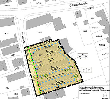 Übersichtsplan mit der geplanten neuen Wohnbebauung und dem Verbrauchermarkt an der Ortsstraße in Offenhausen