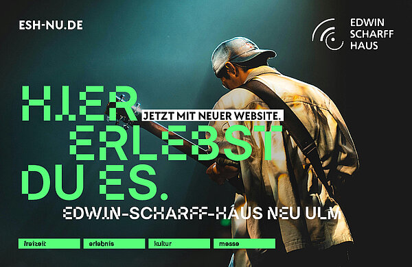 Banner mit Bild eines Gitarristen und dem Text: Hier erlebst du es: Edwin-Scharff-Haus.