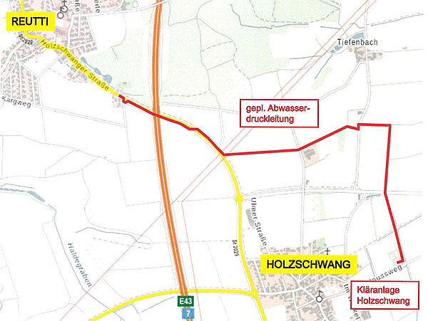 Lageplan der geplanten Abwasserdruckleitung von Holzschwang nach Reutti
