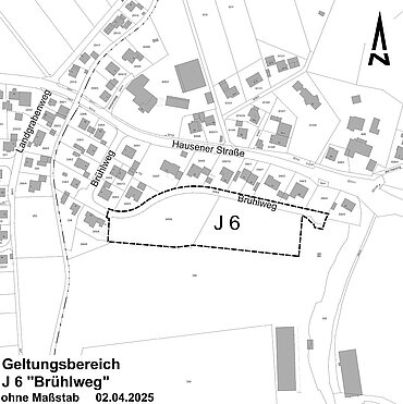 Lageplan mit Geltungsbereich des Bebauungsplans J 6 südlich des Brühlweges 