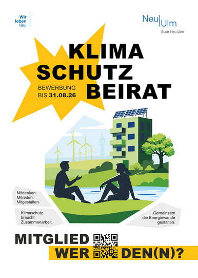 Plakat "Klimaschutzbeirat - Bewerbung bis 31.08.26" mit Grafik zweier Personen an einem Fluss und Windrädern im Hintergrund