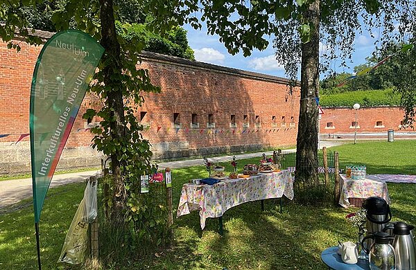 Tische mit Speisen und Getränken auf einer Wiese im Neu-Ulmer Glacis-Park