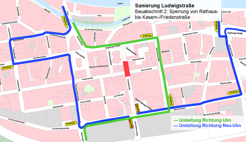 Stadtplan von der Neu-Ulmer Innenstadt mit eingezeichneter Sperrung der Ludwigstraße im Bereich Rathausstraße bis Kasernstraße sowie den entsprechenden Umleitungen