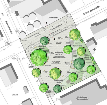 Entwurf für den Stadtteilplatz Pfuhl: Im Entwurf sind unter anderem Bäume, eine Bühne, ein Spielbereich für Kinder, Blumeninseln und ein Ruhebereich eingezeichnet.