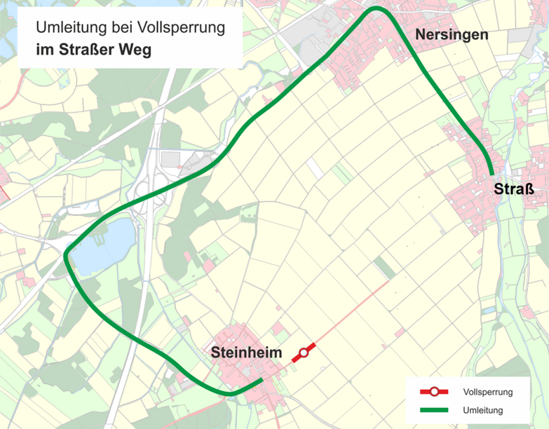 Ortsplan mit Vollsperrung im Straßer Weg in Steinheim und Umleitung über die B10 und Nersingen.