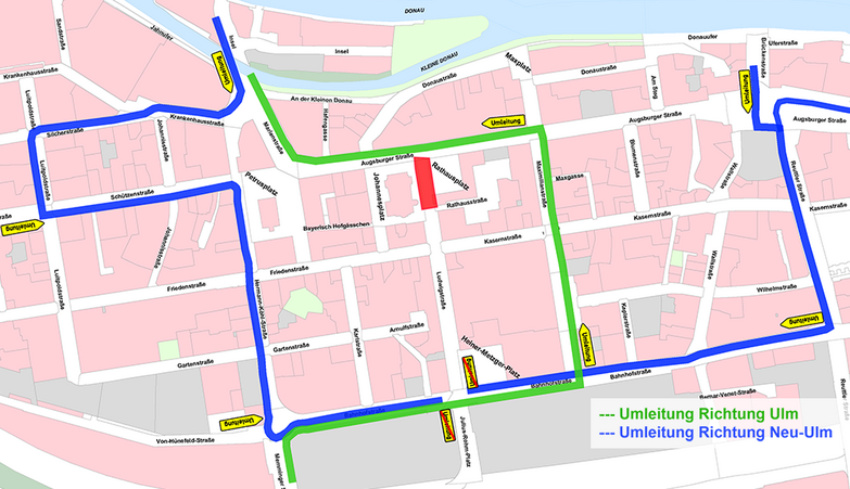 Stadtplan mit Sperrung in der Ludwigstraße und Umleitungen