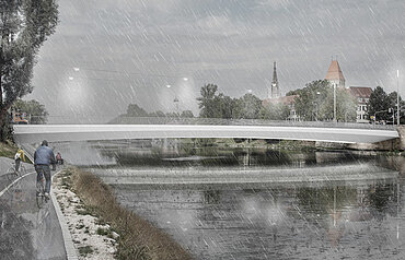 Visualisierung der geplanten neuen Brücke über die Donau. Links im Bild Radfahrer, die auf dem Radweg unter der Brücke hindurchfahren.