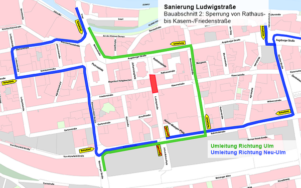 Stadtplan von Neu-Ulm mit gesperrtem Bereich der Ludwigstraße sowie den Umleitungen in Richtung Ulm und Neu-Ulm