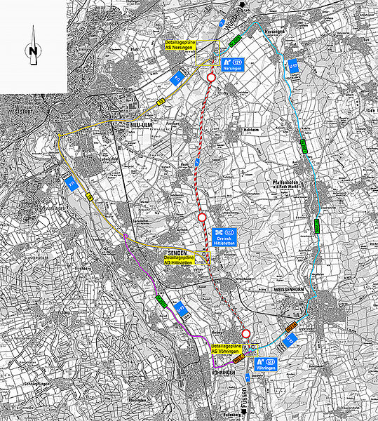 Plan der A7 mit Sperrung zwischen den Anschlussstellen Nersingen und Vöhringen sowie den Umleitungen