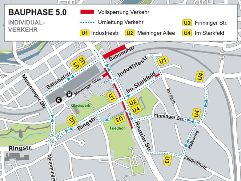 Schematischer Ortsplan zur Bauphase 5.0 in der Reuttier Straße mit Kennzeichnung der gesperrten Bereiche und der Umleitungen