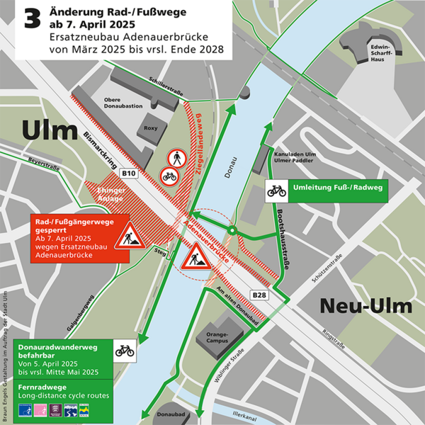 Sperrung der Geh- und Radwege im Baustellenbereich Adenauerbrücke