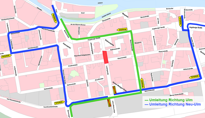 Stadtplan mit Sperrung in der Ludwigstraße und Umleitungen