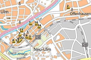 Stadtkarte von Neu-Ulm mit Markierung der verlegten Stolpersteine