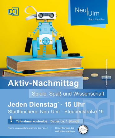 Plakat "Aktiv-Nachmittag" mit Bild eines Spielzeugroboters
