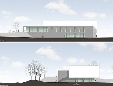 Zwei Visualisierungen der geplanten neuen Mehrzweckhalle