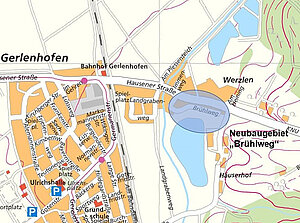 Ortskarte von Neu-Ulm mit Lage des Neubaugebiets „Südlicher Brühlweg“ in Gerlenhofen 