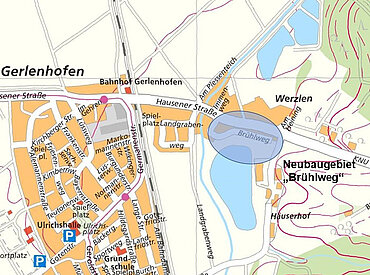 Ortskarte von Gerlenofen, ein Kreis markiert die Lage des Neubaugebietes Brühlweg am nordöstlichen Siedlungsrand von Gerlenhofen, südlich der Hausener Straße.