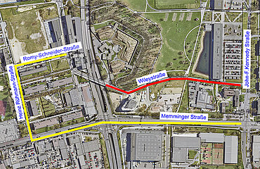 Umleitungsplan mit gesperrter Wileystraße und Umleitung über Memminger Straße, Heinz-Rühman-Straße und Romy-Schneider-Straße