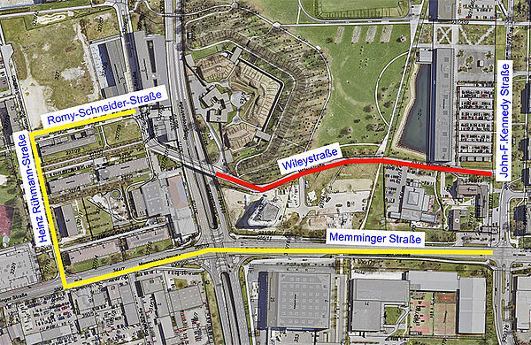 Umleitungsplan mit gesperrter Wileystraße und Umleitung über Memminger Straße, Heinz-Rühman-Straße und Romy-Schneider-Straße