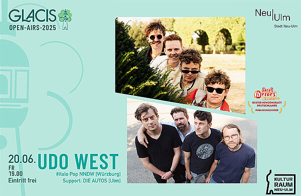 Banner Glacis Open-Airs: Udo West & Die Autos am 20. Juni im Glacis, mit Fotos der beiden Bands