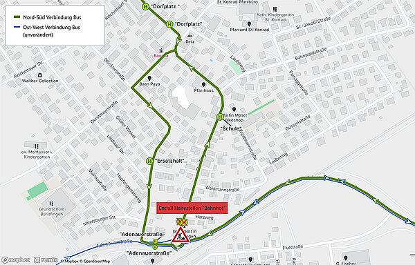 Plan mit Busumleitung über die Waidmannstraße und den Hopfengartenweg