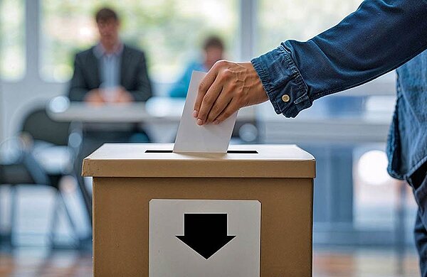 Eine Person wirft einen Zettel in eine Wahlurne.