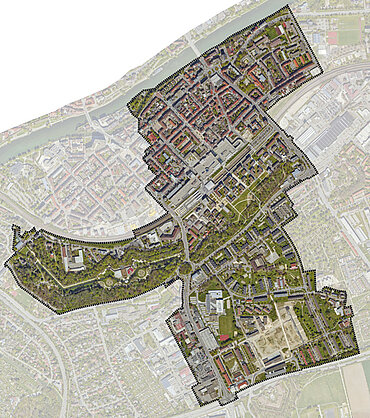 Luftbild von der Neu-Ulmer Innenstadt und dem Quartier "Vorfeld"