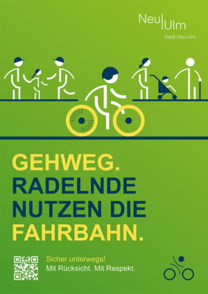 Plakat "Gehweg. Radelnde nutzen die Fahrbahn" mit Grafik: Fußgänger auf einem Gehweg und Radfahrer auf der Straße