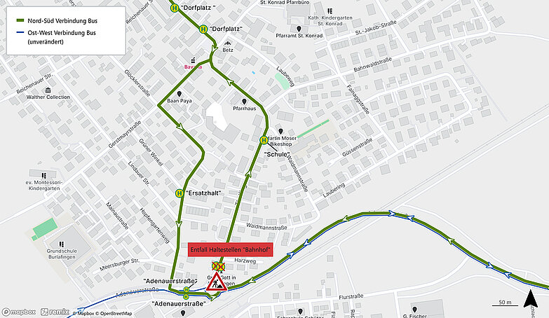 Plan mit Busumleitung über die Waidmannstraße und den Hopfengartenweg