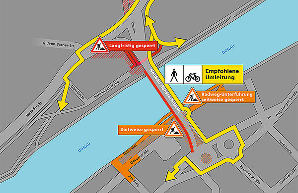 Karte mit empfohlenen Umleitungen während der Kanalbauarbeiten an der Gänstorbrücke
