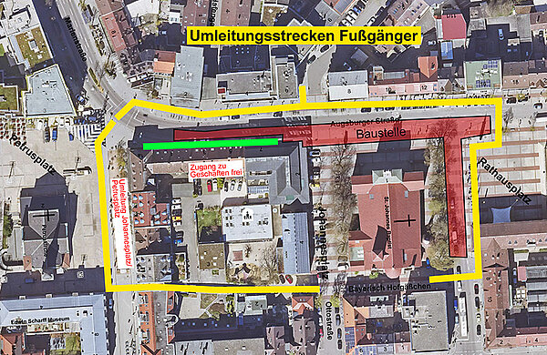 Luftbild von der Neu-Ulmer Innenstadt mit eingezeichneter Baustelle im Bereich der Augsburger Straße und Ludwigstraße sowie den Umleitungsstrecken für den Fußverkehr