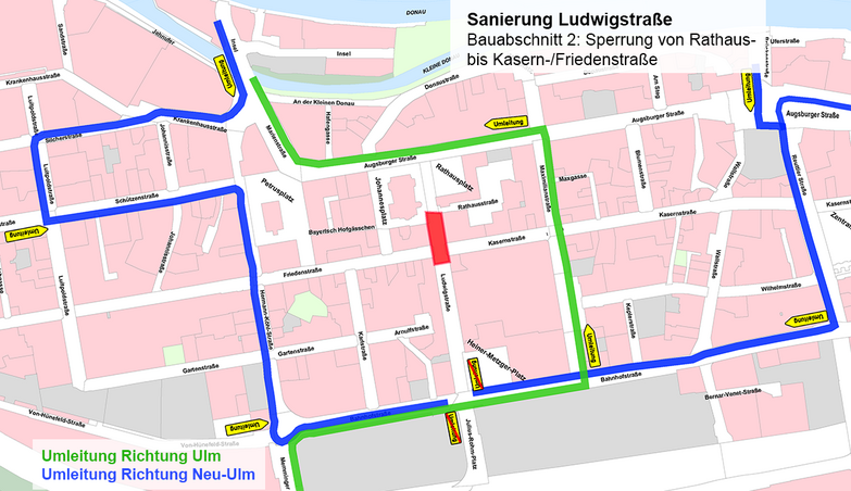 Stadtplan von der Neu-Ulmer Innenstadt mit eingezeichneter Sperrung der Ludwigstraße im Bereich Rathausstraße bis Kasernstraße sowie den Umleitungen