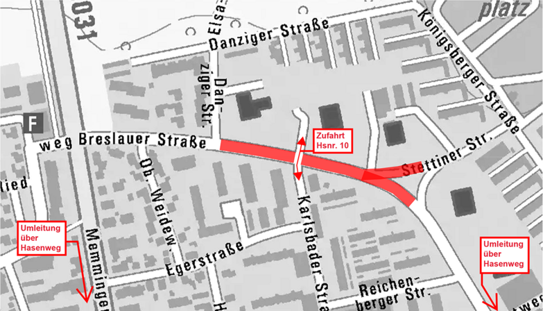  Stadtplan mit gesperrtem Bereich der Breslauer Straße im Abschnitt Danziger Straße bis Stettiner Straße