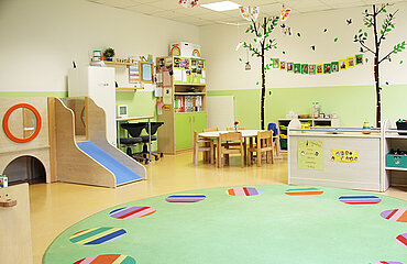 Kita-Gruppenraum mit verschiedenen Sitz- und Spielbereichen